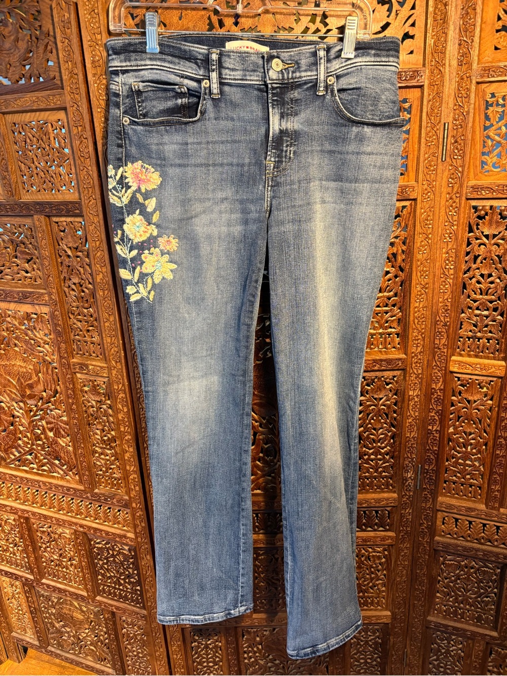 Lucky Brand Straight Leg Embroidered Blue Jeans with Yellow Floral Detail